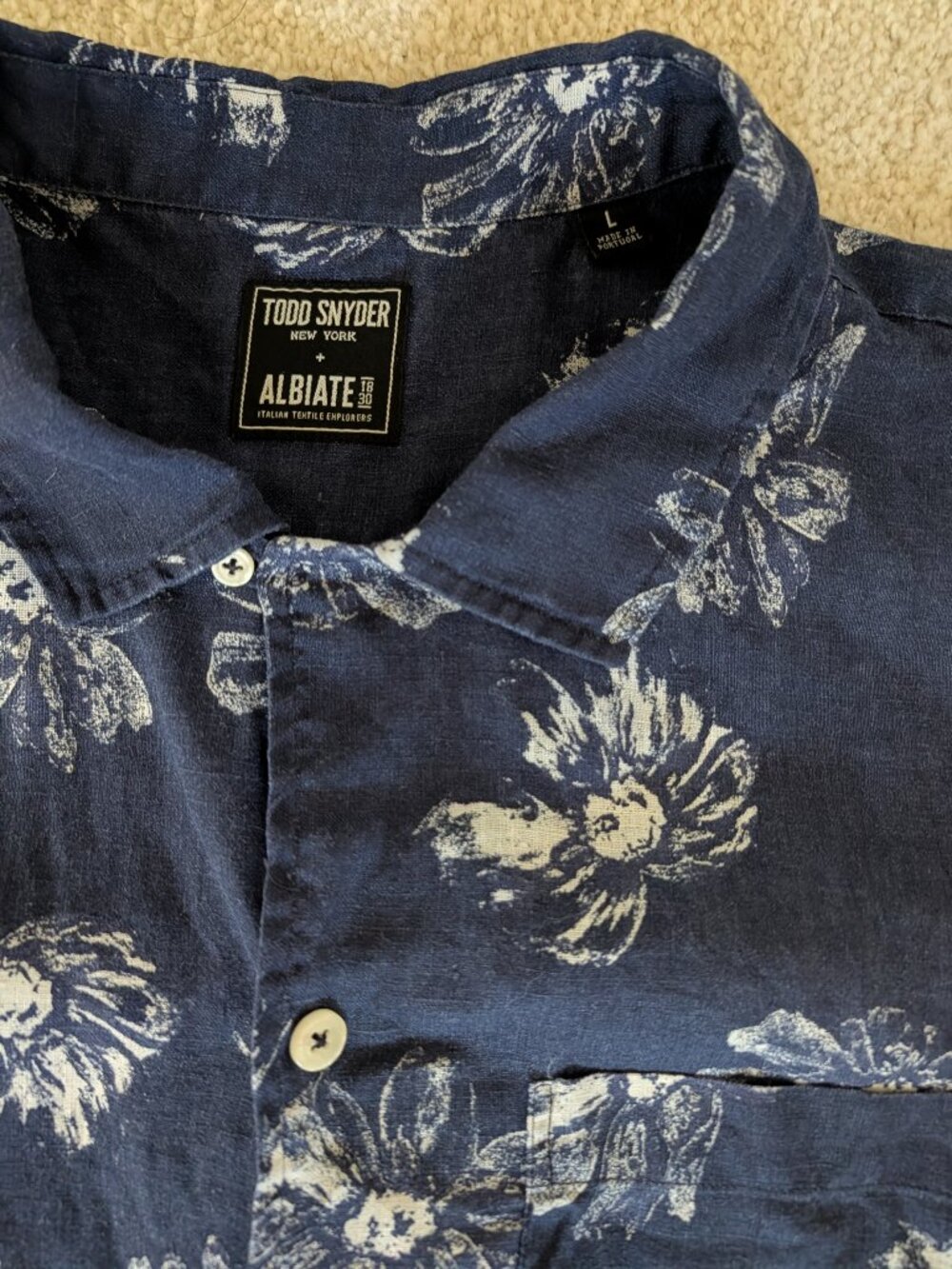 Todd Snyder x Albiate 1830 - Blue Linen Floral Short Sleeve - Size Large
